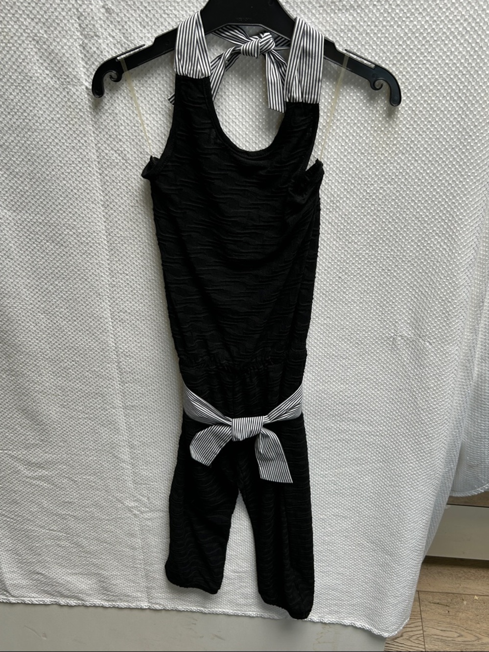 Deux par Deux Black One-Piece Romper/ Bodysuit with Striped Ties & Belt. NWT!